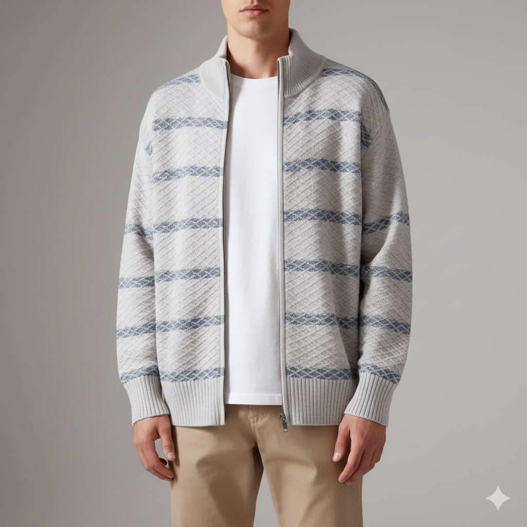 Mateo Men’s Zip-Up Cardigan – Textured Knit Sweater with Structured Stand Collar