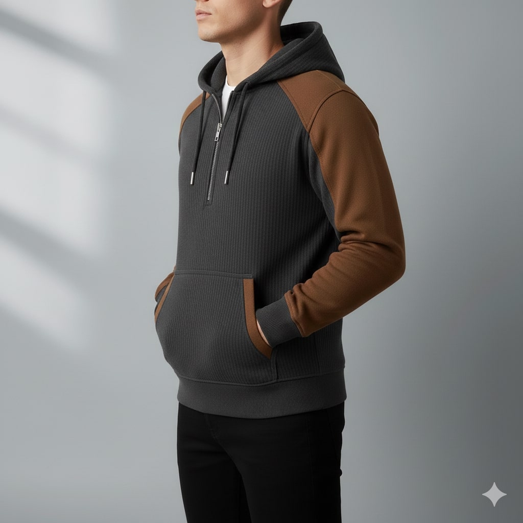 Carlos Men’s Quarter-Zip Hoodie – Corduroy Cotton Blend Sweatshirt with Contrast Panels