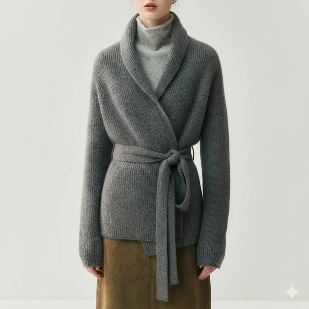 Alina Women’s Belted Cardigan – Soft  Wool Ribbed Knit with Waist Tie