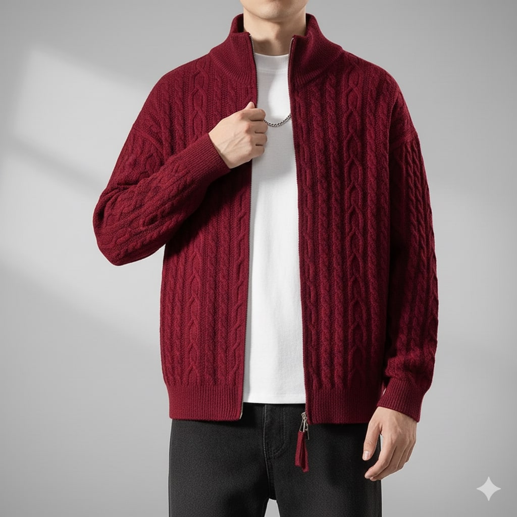 Denis Men’s Zip-Up Cardigan – Soft Wool  Cable Knit Mid-Weight Sweater