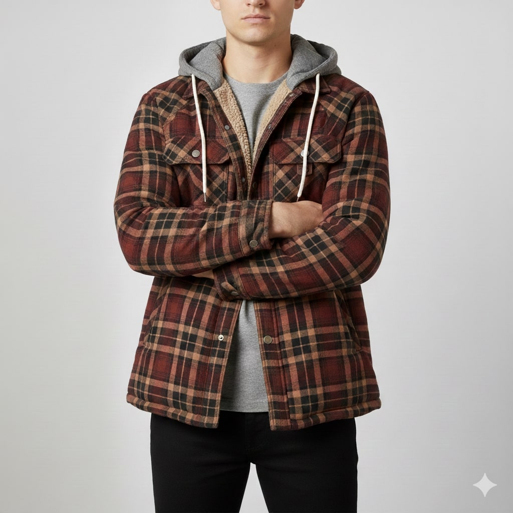 Florent Men’s Hoodie Jacket – Sherpa-Lined Flannel Hoodie for Winter Wear