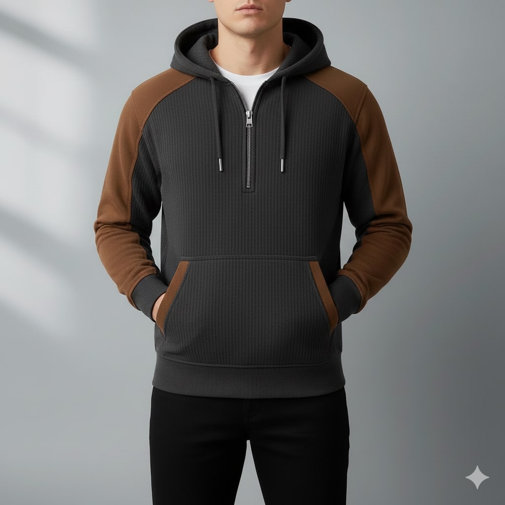 Carlos Men’s Quarter-Zip Hoodie – Corduroy Cotton Blend Sweatshirt with Contrast Panels