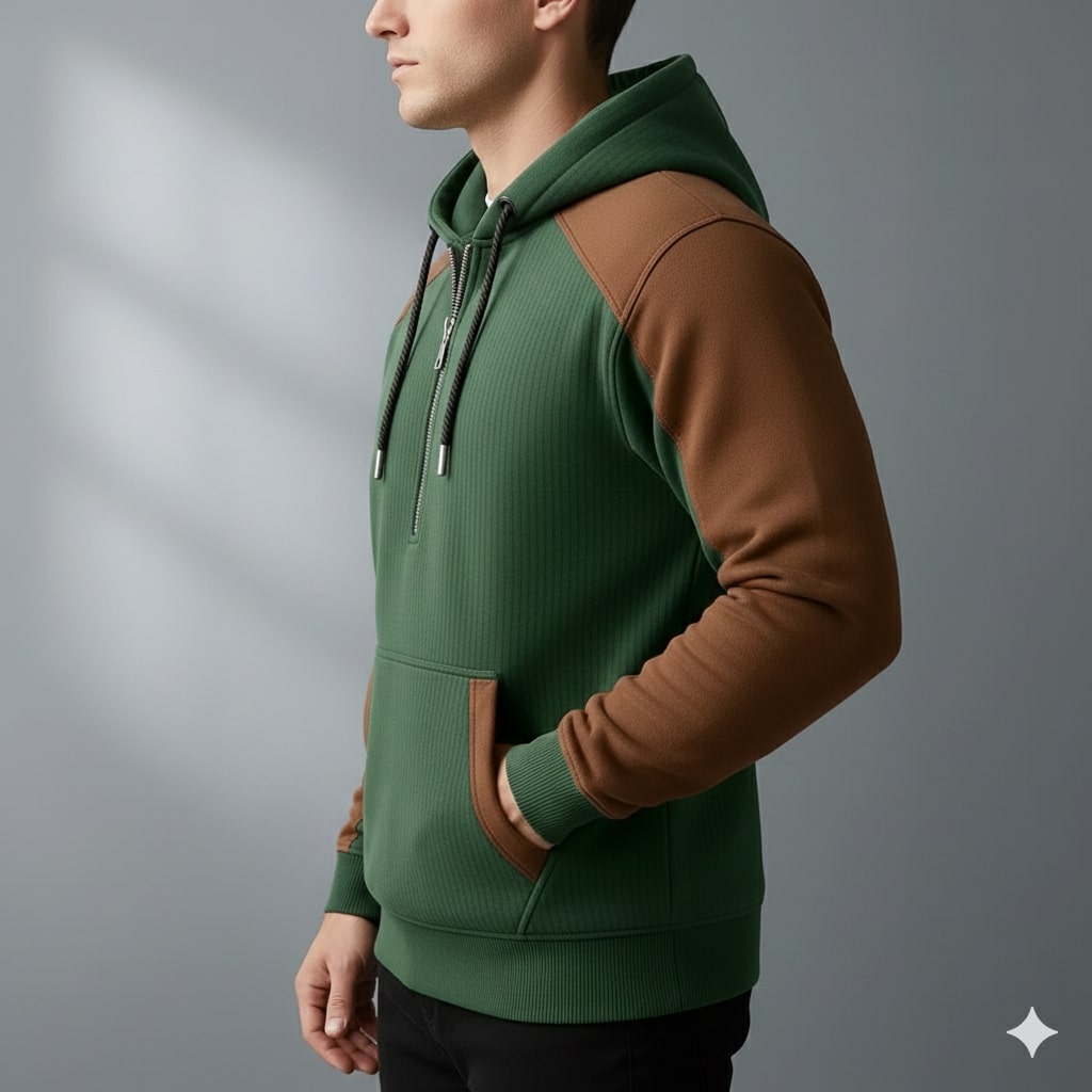 Carlos Men’s Quarter-Zip Hoodie – Corduroy Cotton Blend Sweatshirt with Contrast Panels