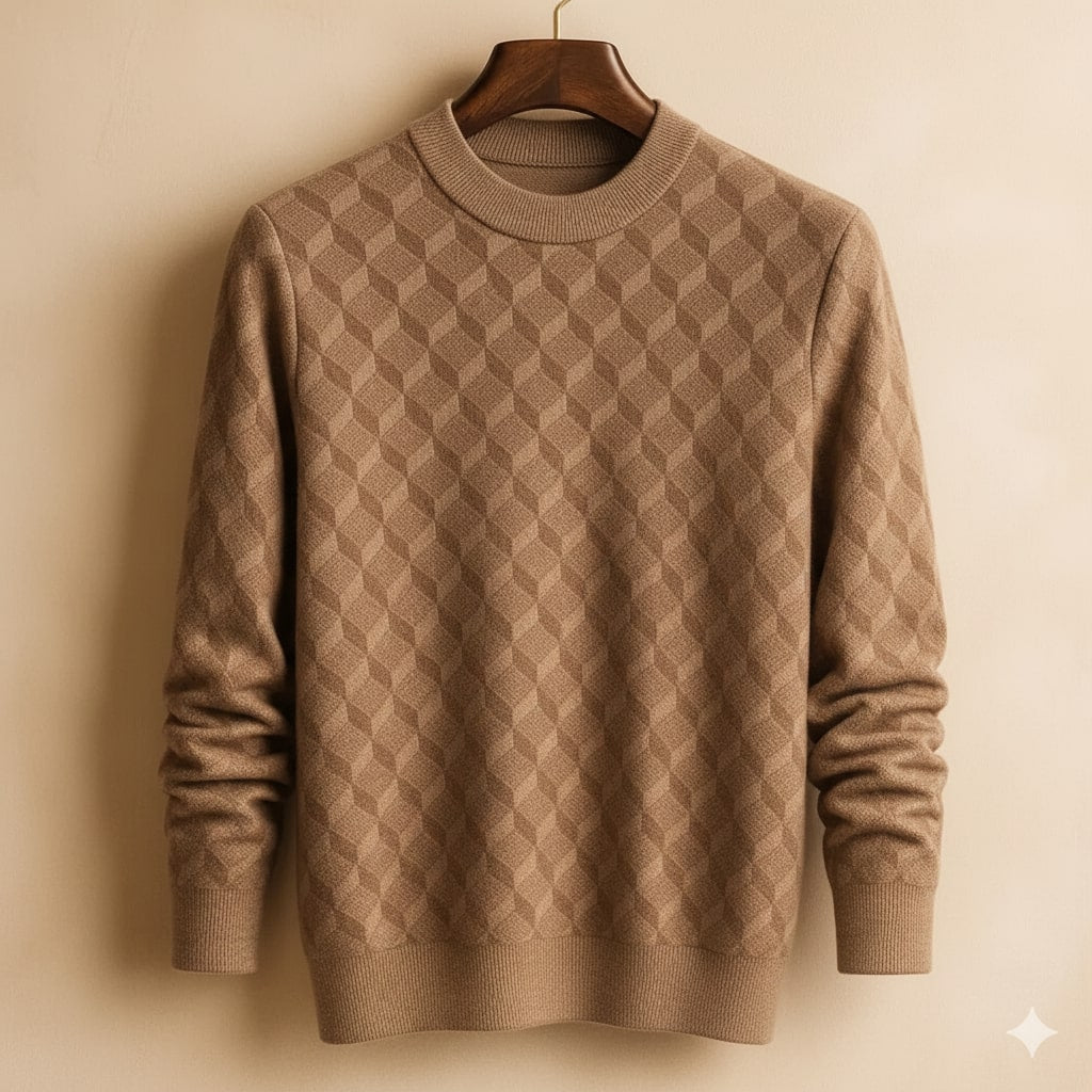 Martin Men’s Knit Sweater – Soft Geometric Pattern with Ribbed Crew Neck Sweater