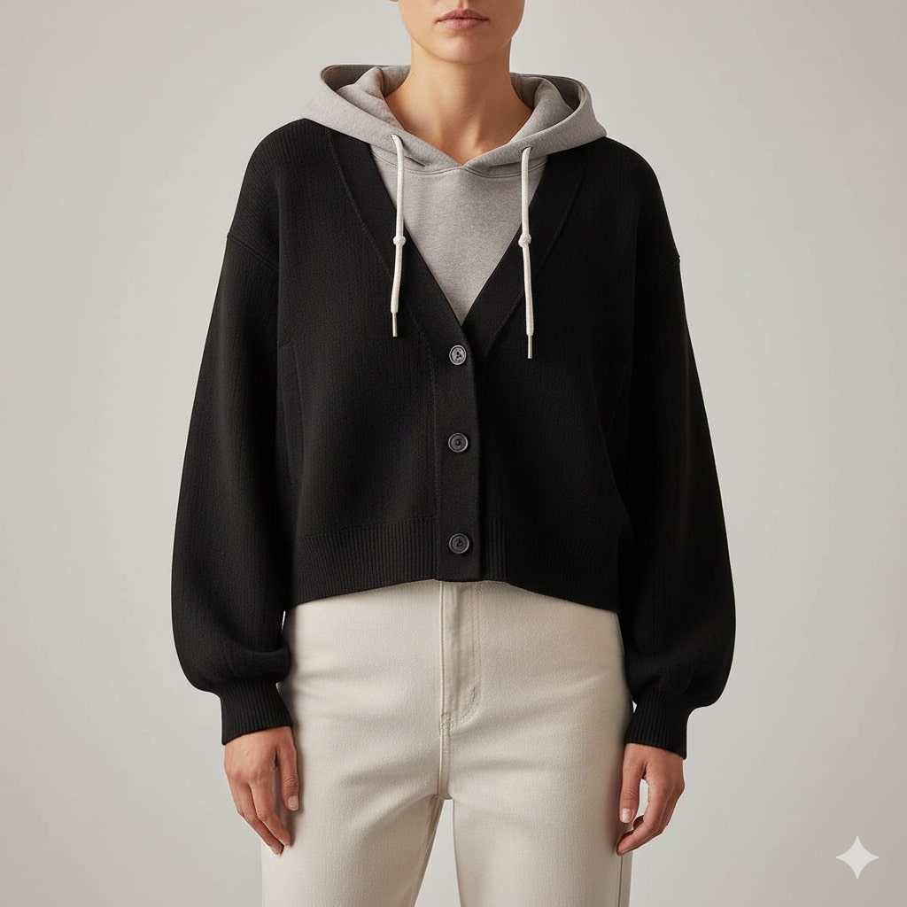 Elisa Women’s Cropped Cardigan – Puff Sleeve Zip-Up Knitted Hooded Cardigan