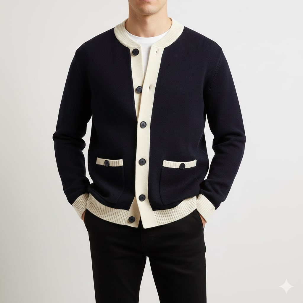 Sergey Men’s Cardigan – Two-Tone Button Placket Knitted Cardigan
