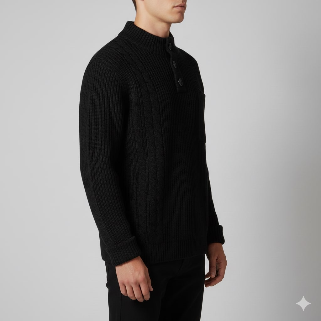 Luca Men’s Cable Knit Pullover – Soft O-Neck Sweater with Button Detail