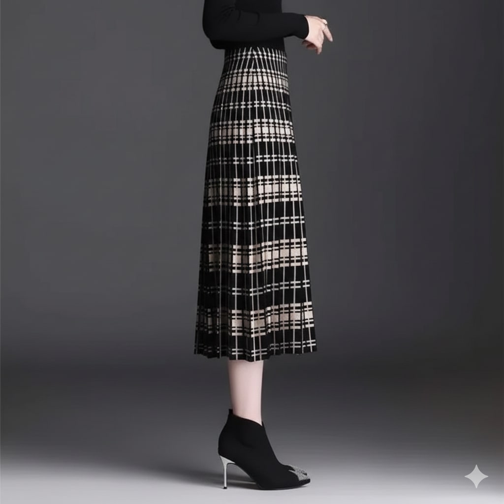 Clara Women's Pleated Midi Skirt – Stretch Cotton-Blend with Sculpted Waist