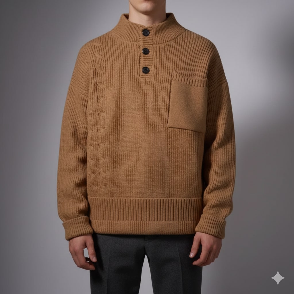 Luca Men’s Cable Knit Pullover – Soft O-Neck Sweater with Button Detail