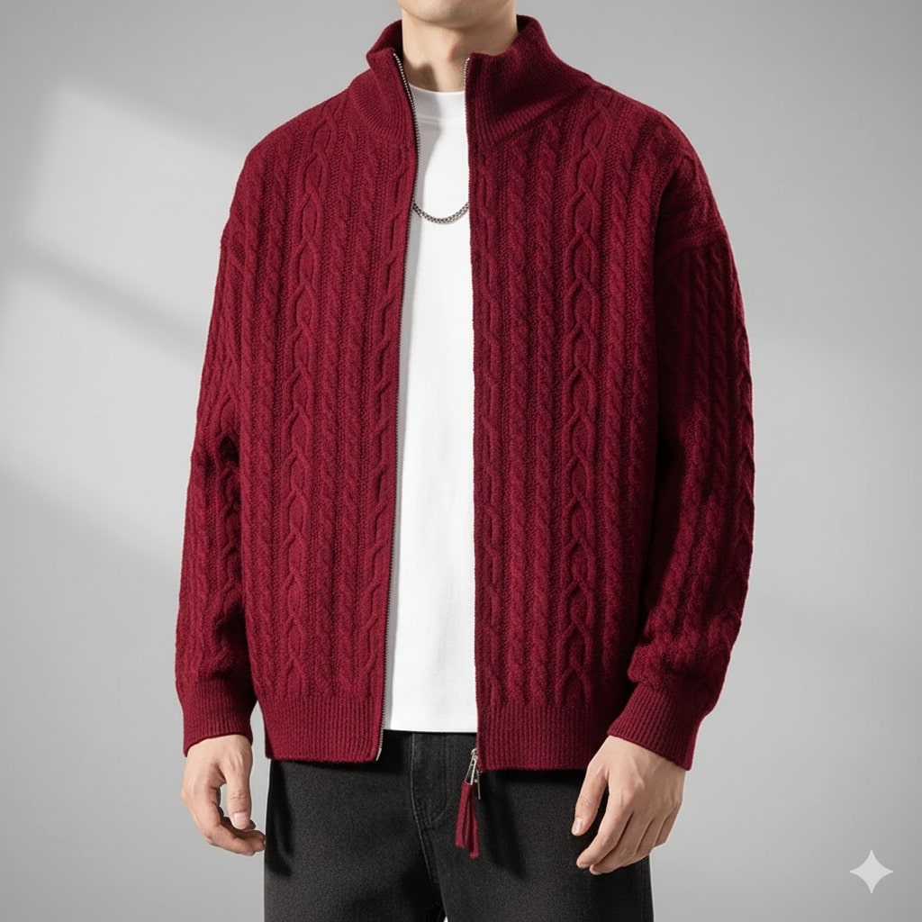 Denis Men’s Zip-Up Cardigan – Soft Wool  Cable Knit Mid-Weight Sweater