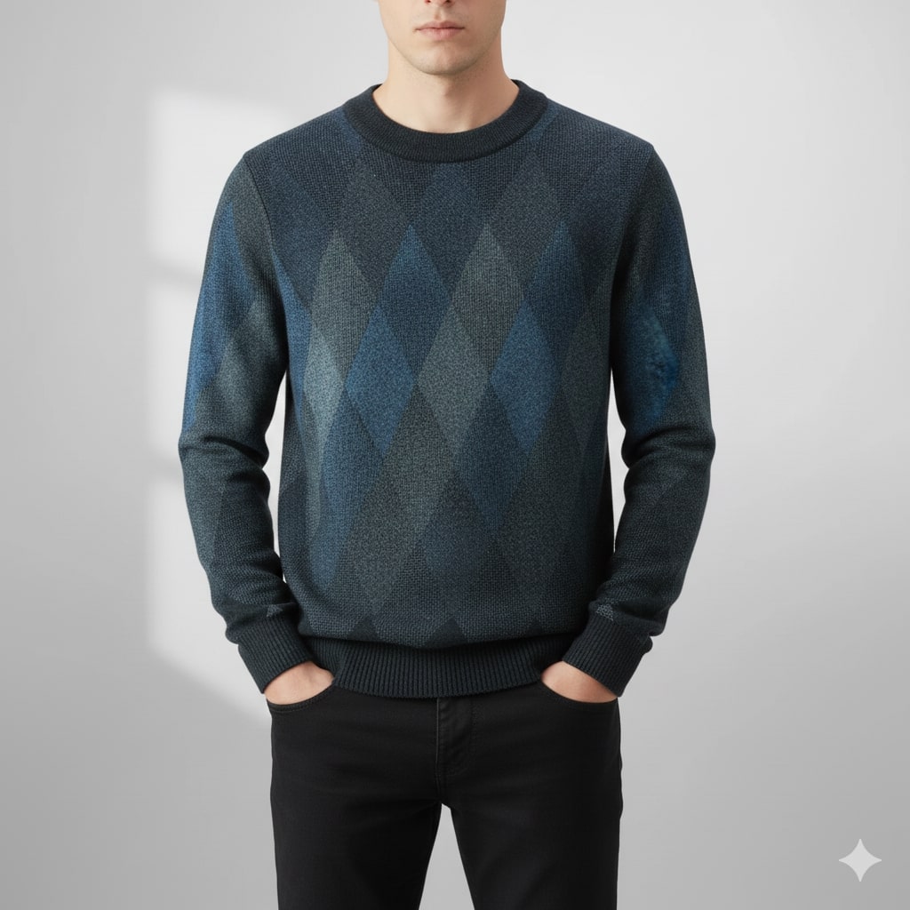 Caleb Men’s Knit Sweater – Premium Wool-Blend Argyle Crewneck Pullover