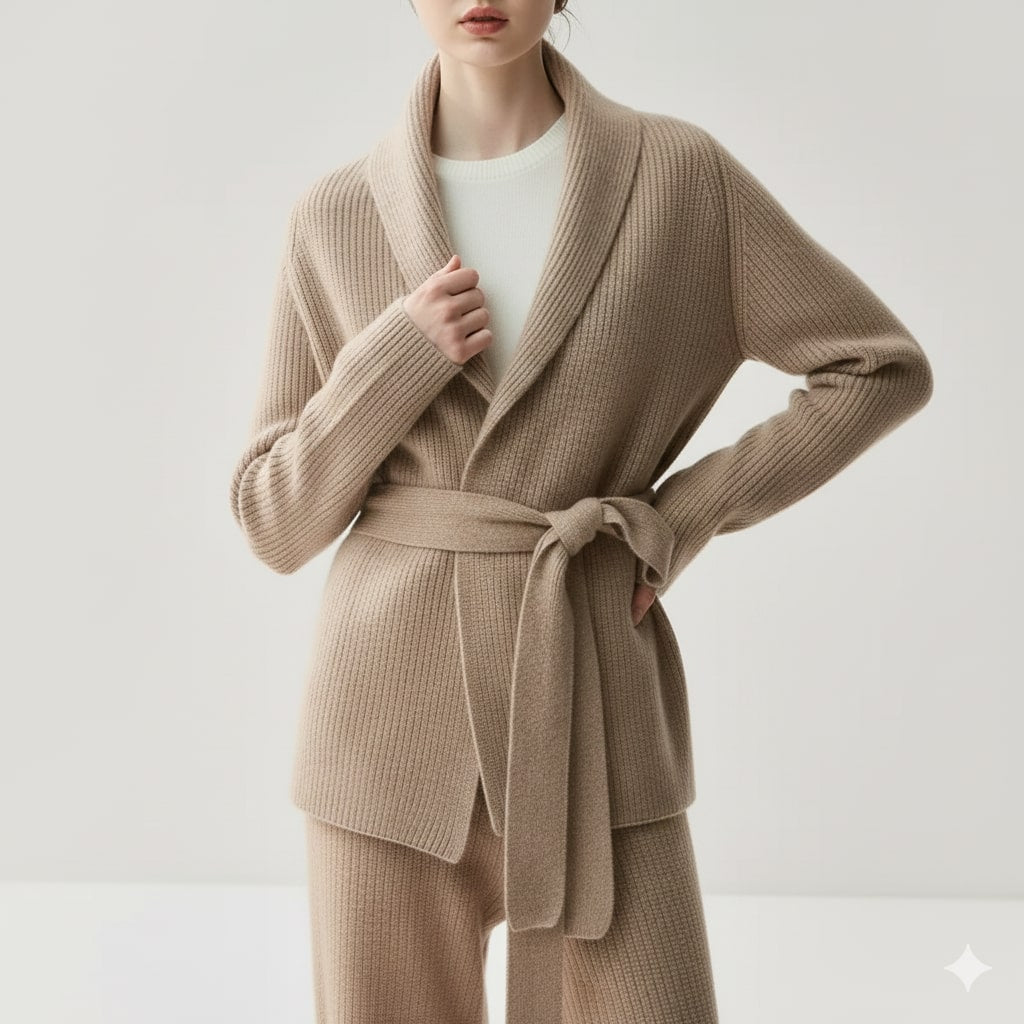 Alina Women’s Belted Cardigan – Soft  Wool Ribbed Knit with Waist Tie