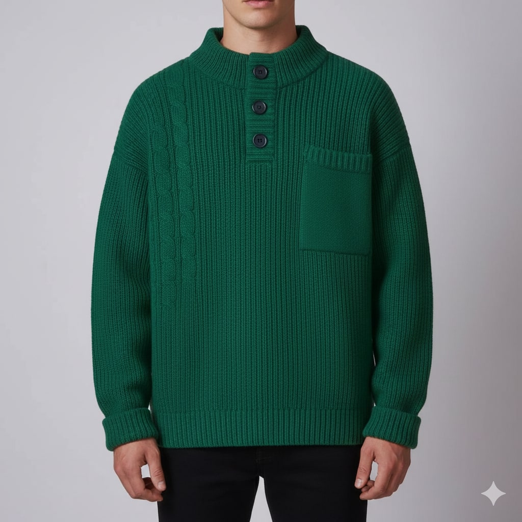 Luca Men’s Cable Knit Pullover – Soft O-Neck Sweater with Button Detail