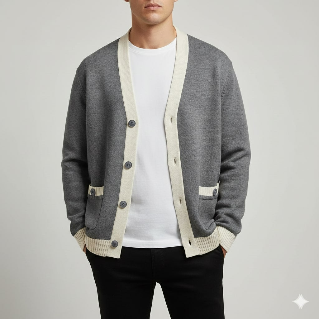 Sergey Men’s Cardigan – Two-Tone Button Placket Knitted Cardigan