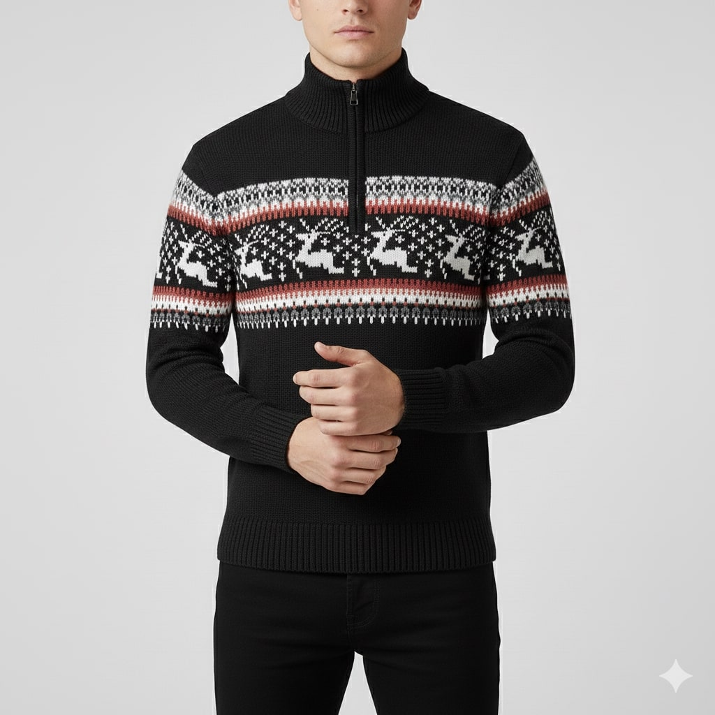 Mehdi Men's Christmas Sweater – Wool Knit Quarter-Zip Pullover