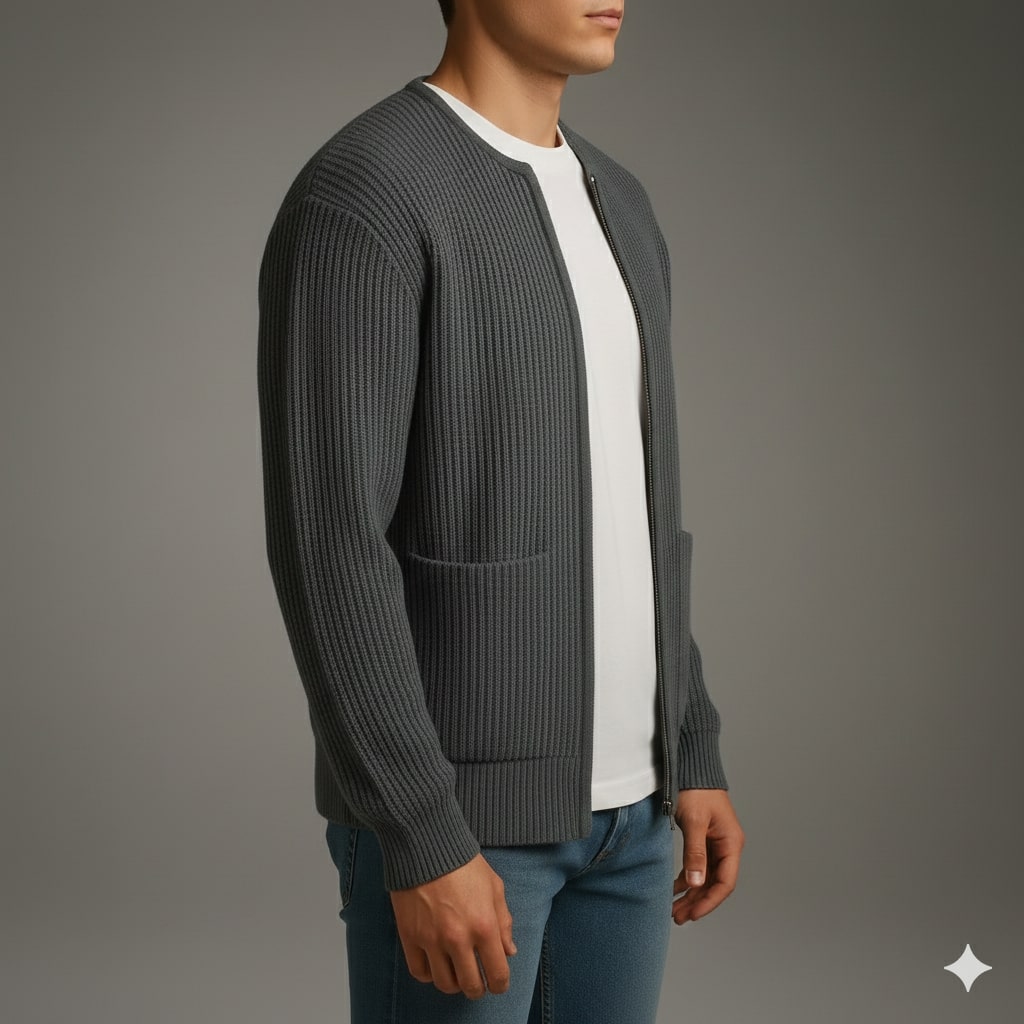 Jayden Men’s Knit Cardigan – Zip Up Sweater with Textured Knit & Patch Pockets