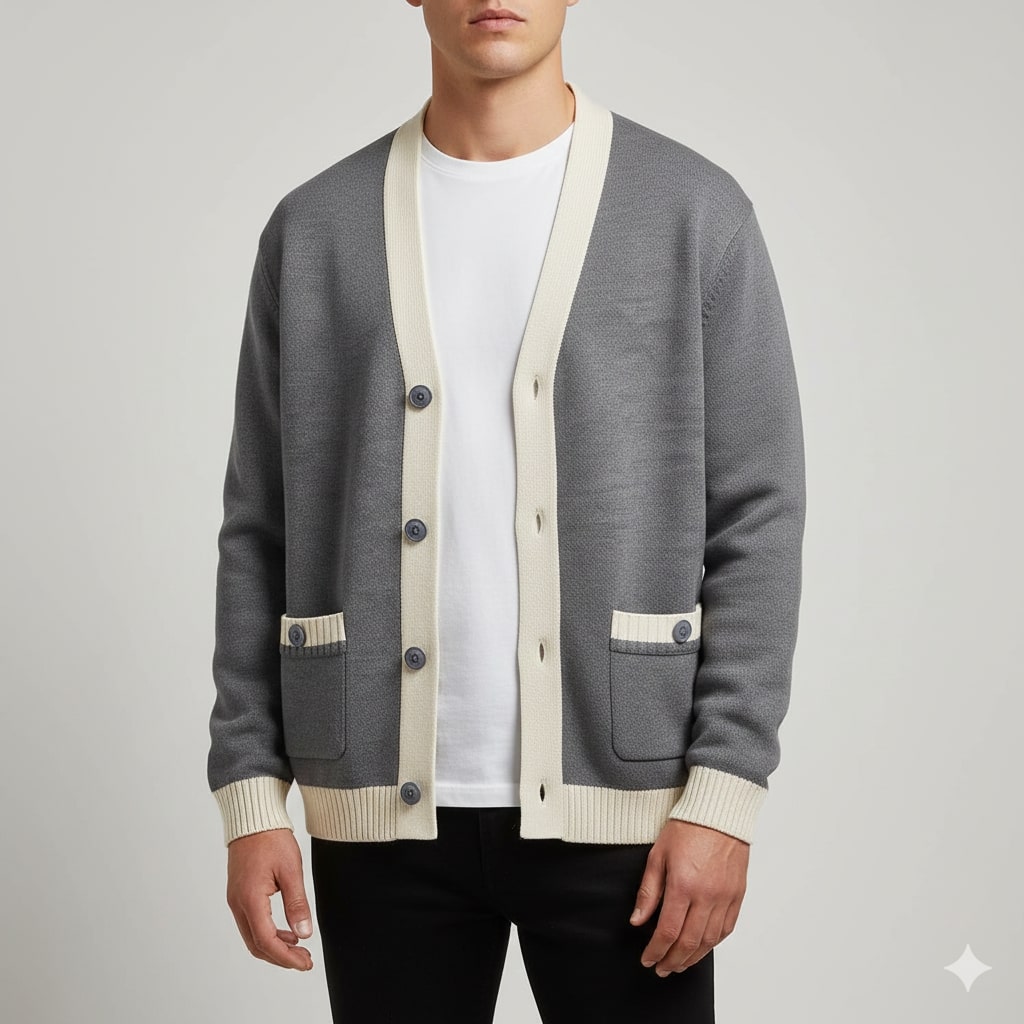 Sergey Men’s Cardigan – Two-Tone Button Placket Knitted Cardigan