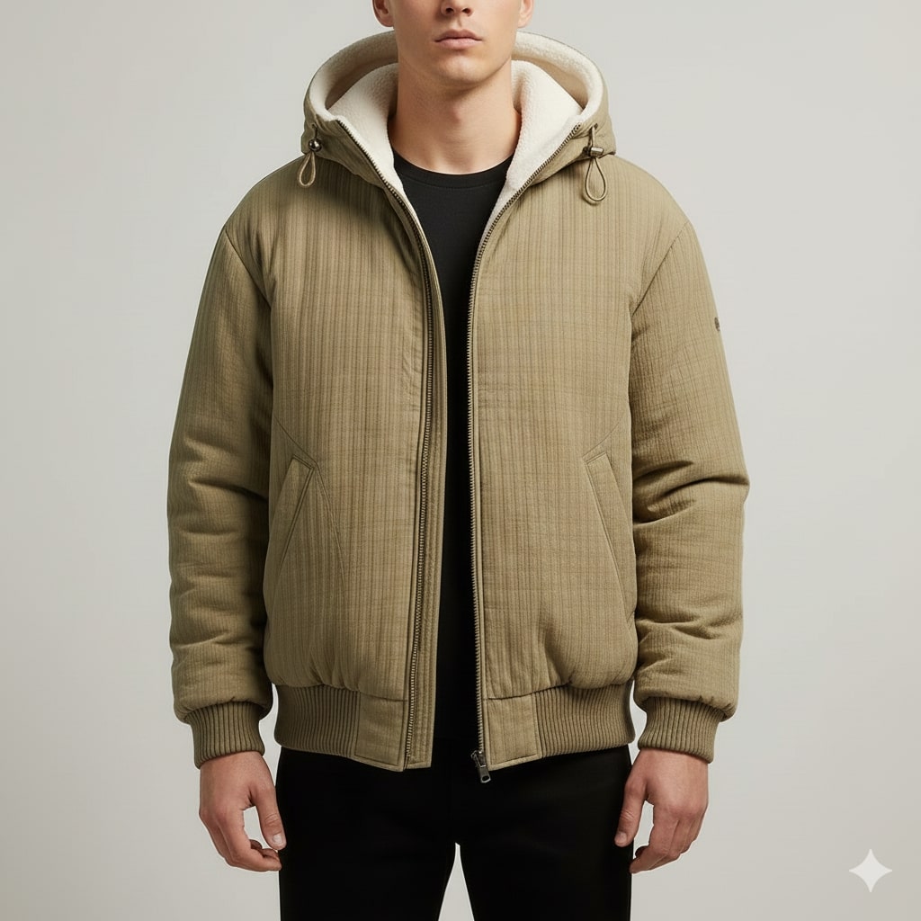 Kamal Men’s Sherpa Hoodie Jacket – Heavyweight Fleece Lined Quilted Zip-Up Jacket