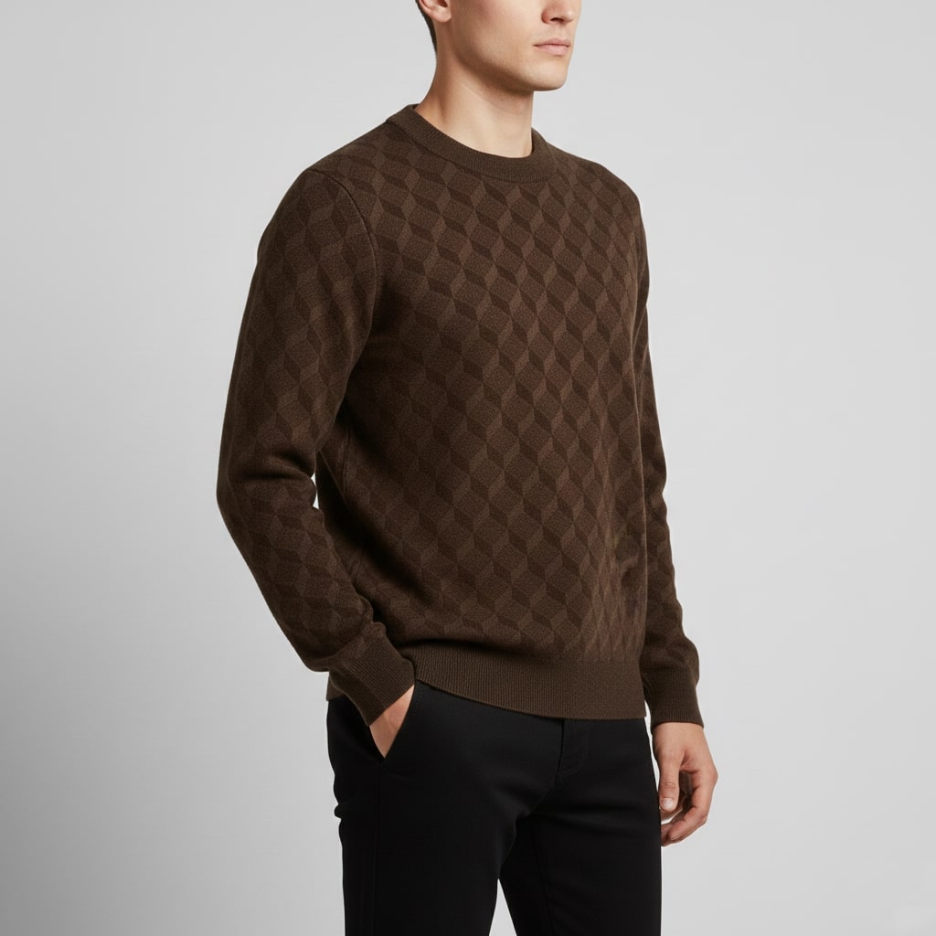 Martin Men’s Knit Sweater – Soft Geometric Pattern with Ribbed Crew Neck Sweater