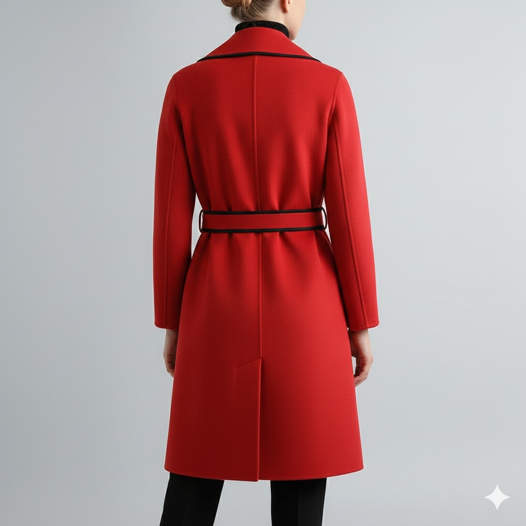 Adriana Women’s Wool Coat – Belted Coat with Contrast Trim & Warm Interior