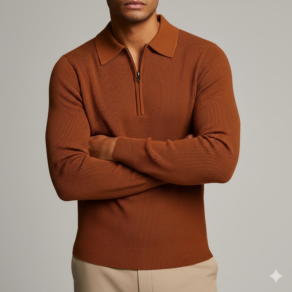 Sergio Men’s Knit Sweater – Waffle Texture Quarter-Zip Polo Shirt