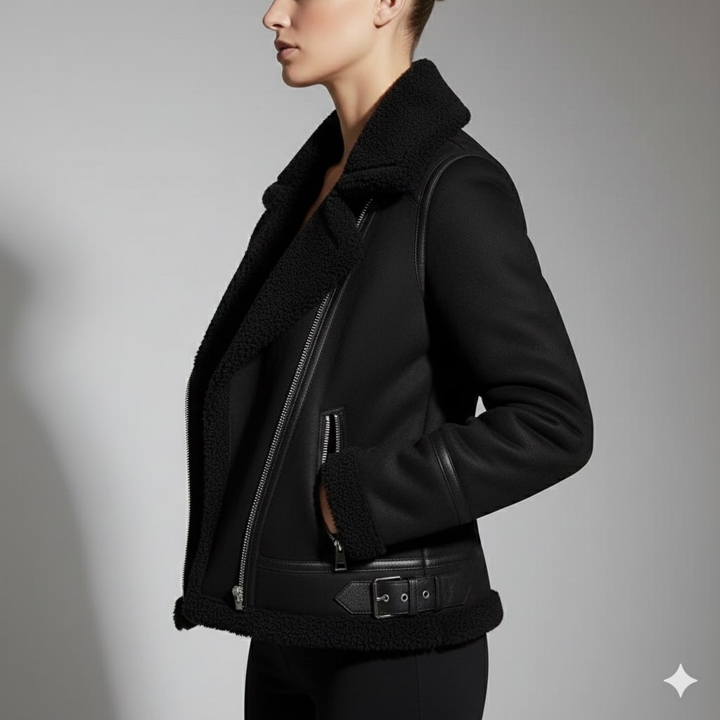 Polina Women’s Shearling Jacket – Aviator Suede Jacket with Plush Lining