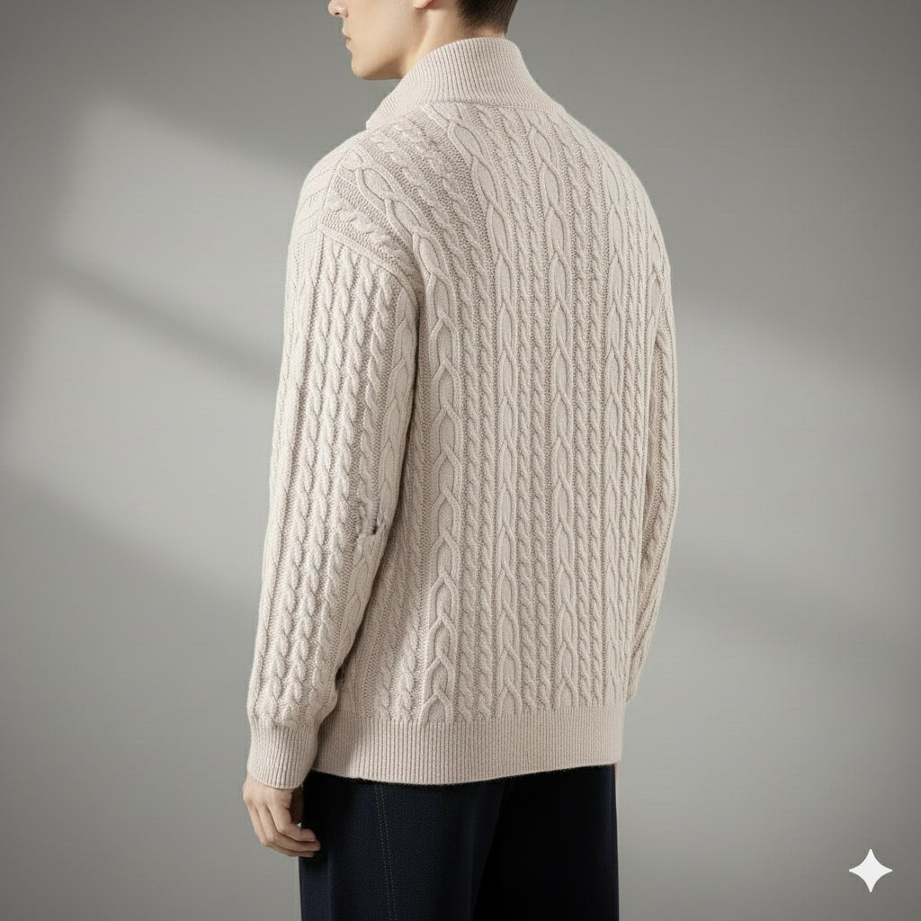 Denis Men’s Zip-Up Cardigan – Soft Wool  Cable Knit Mid-Weight Sweater