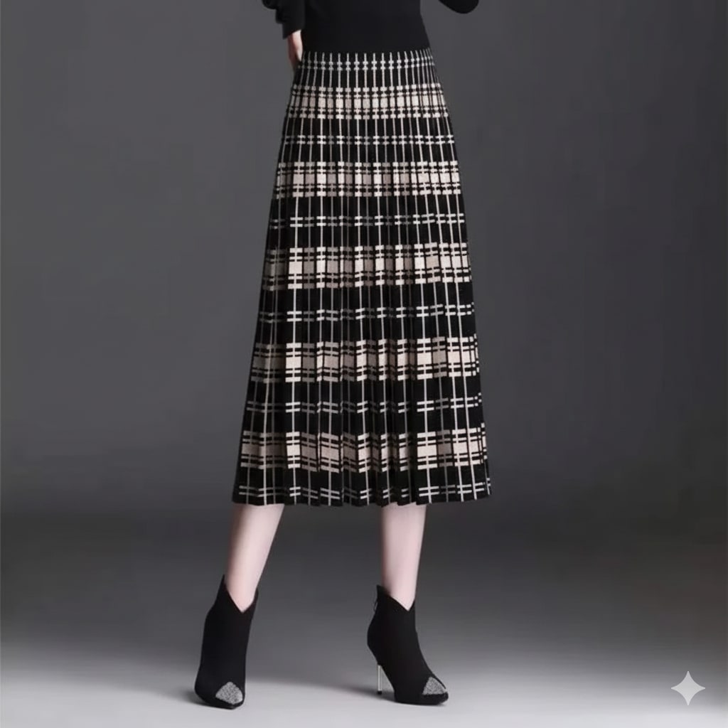 Clara Women's Pleated Midi Skirt – Stretch Cotton-Blend with Sculpted Waist