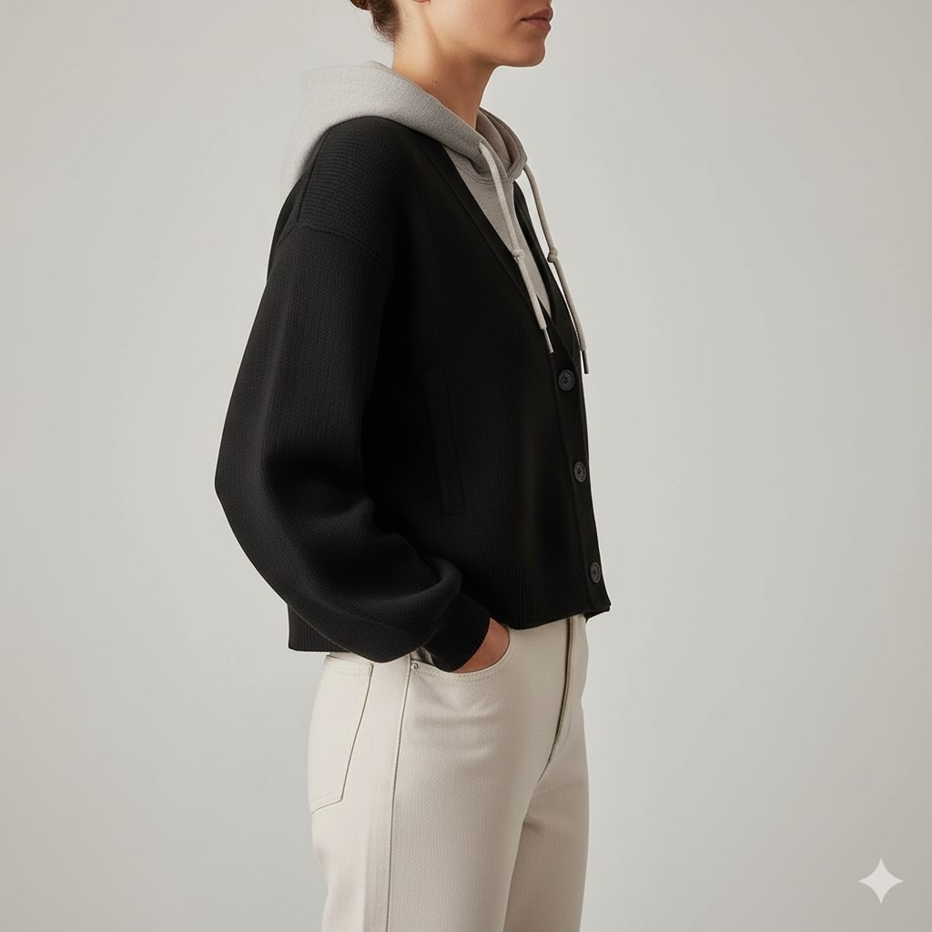 Elisa Women’s Cropped Cardigan – Puff Sleeve Zip-Up Knitted Hooded Cardigan