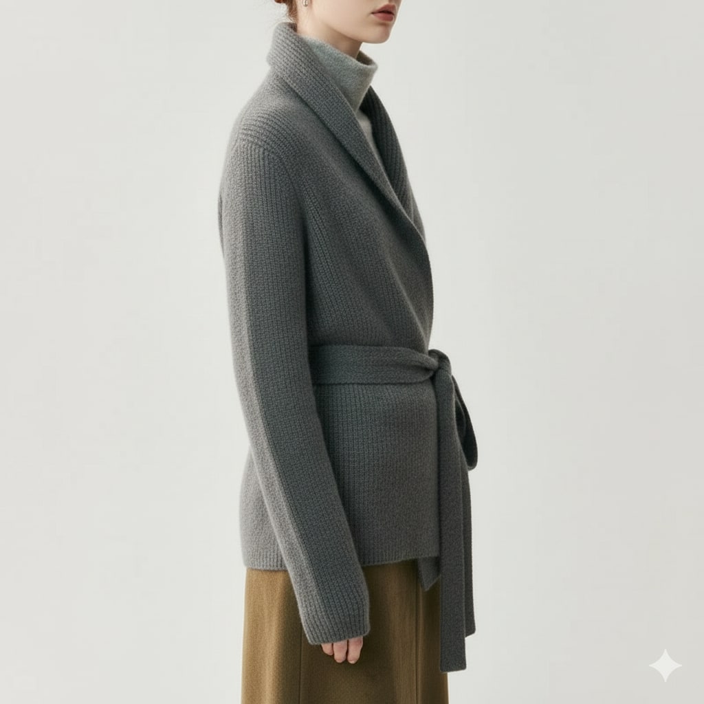 Alina Women’s Belted Cardigan – Soft  Wool Ribbed Knit with Waist Tie