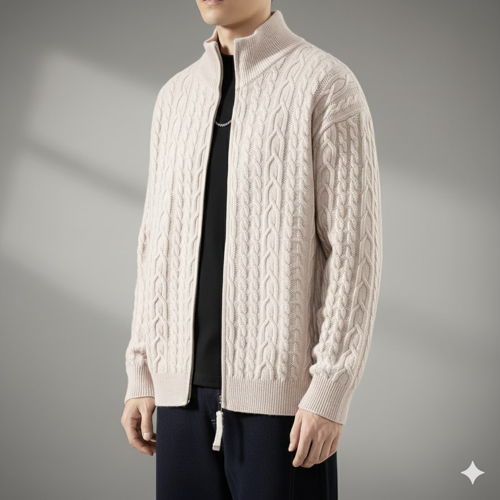 Denis Men’s Zip-Up Cardigan – Soft Wool  Cable Knit Mid-Weight Sweater