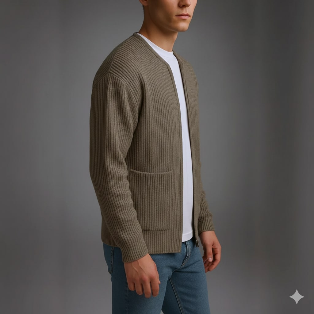 Jayden Men’s Knit Cardigan – Zip Up Sweater with Textured Knit & Patch Pockets