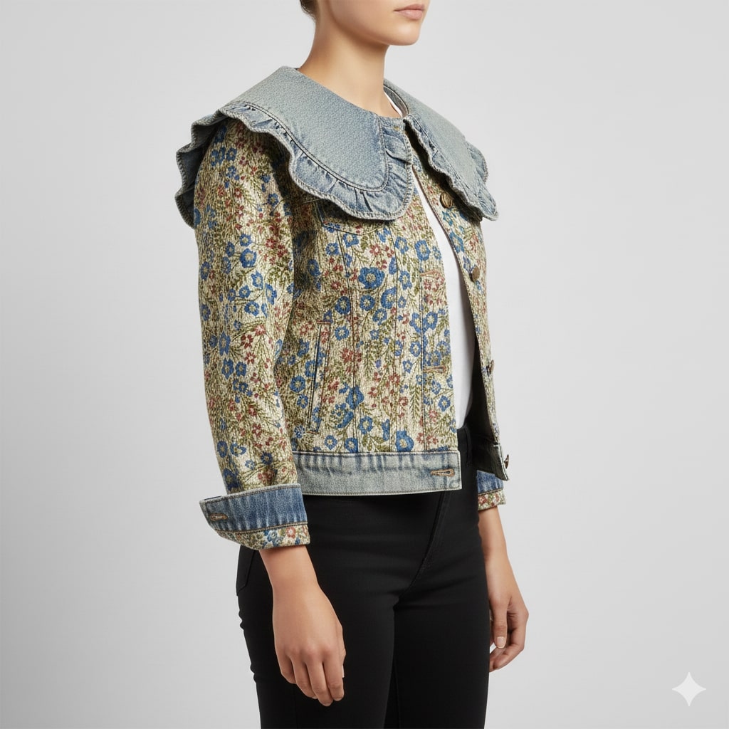 Rose Women’s Jacquard Denim Jacket – Floral Textured Lightweight Cropped Jacket