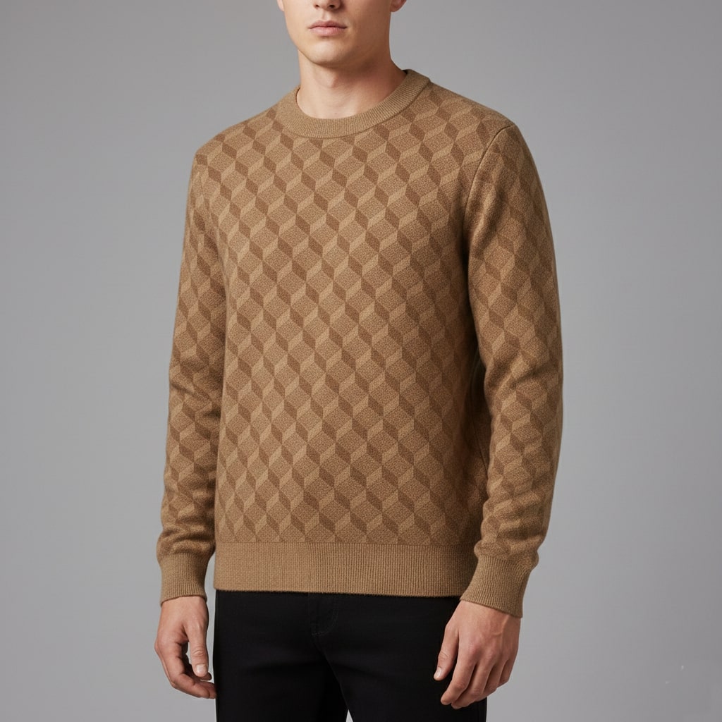 Martin Men’s Knit Sweater – Soft Geometric Pattern with Ribbed Crew Neck Sweater