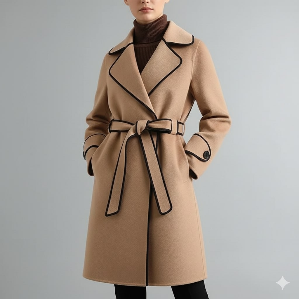 Adriana Women’s Wool Coat – Belted Coat with Contrast Trim & Warm Interior