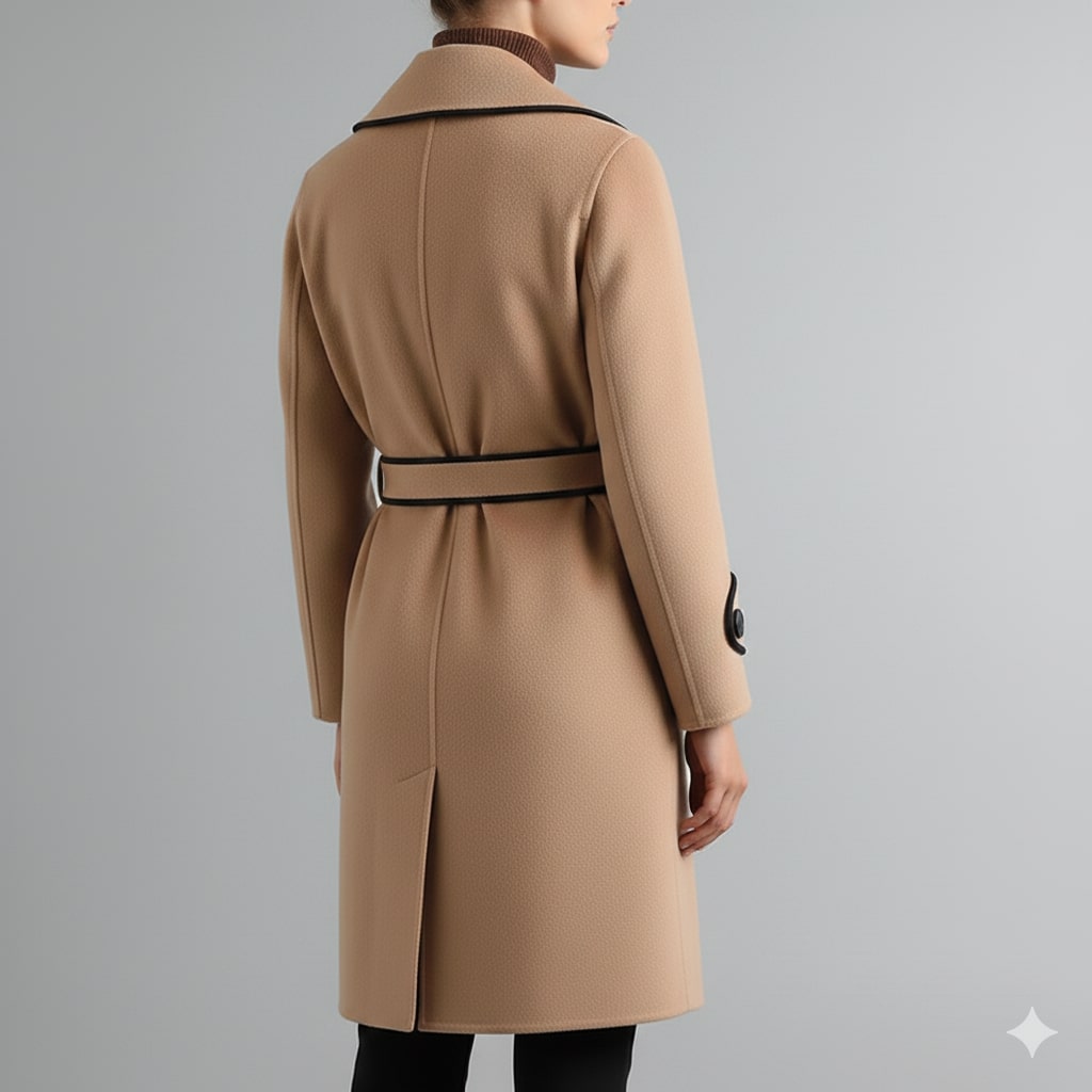 Adriana Women’s Wool Coat – Belted Coat with Contrast Trim & Warm Interior