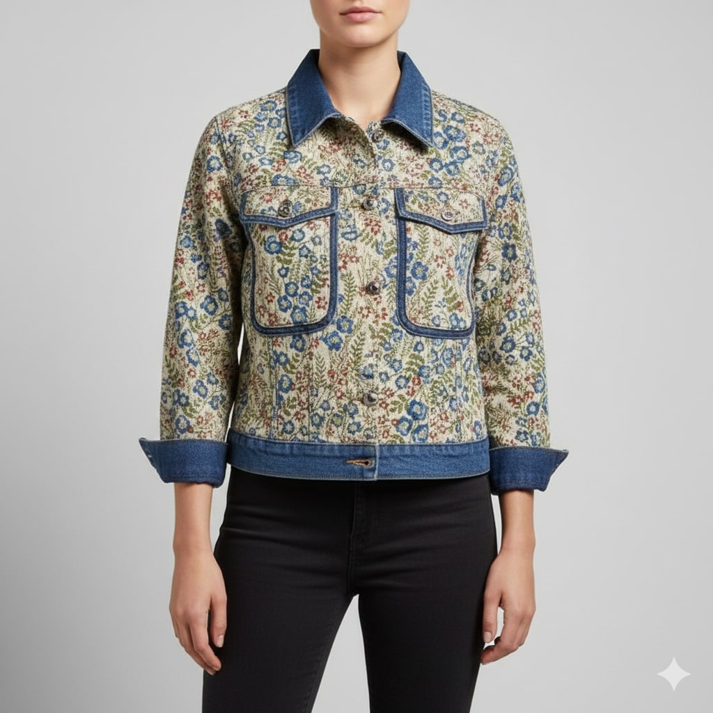 Rose Women’s Jacquard Denim Jacket – Floral Textured Lightweight Cropped Jacket