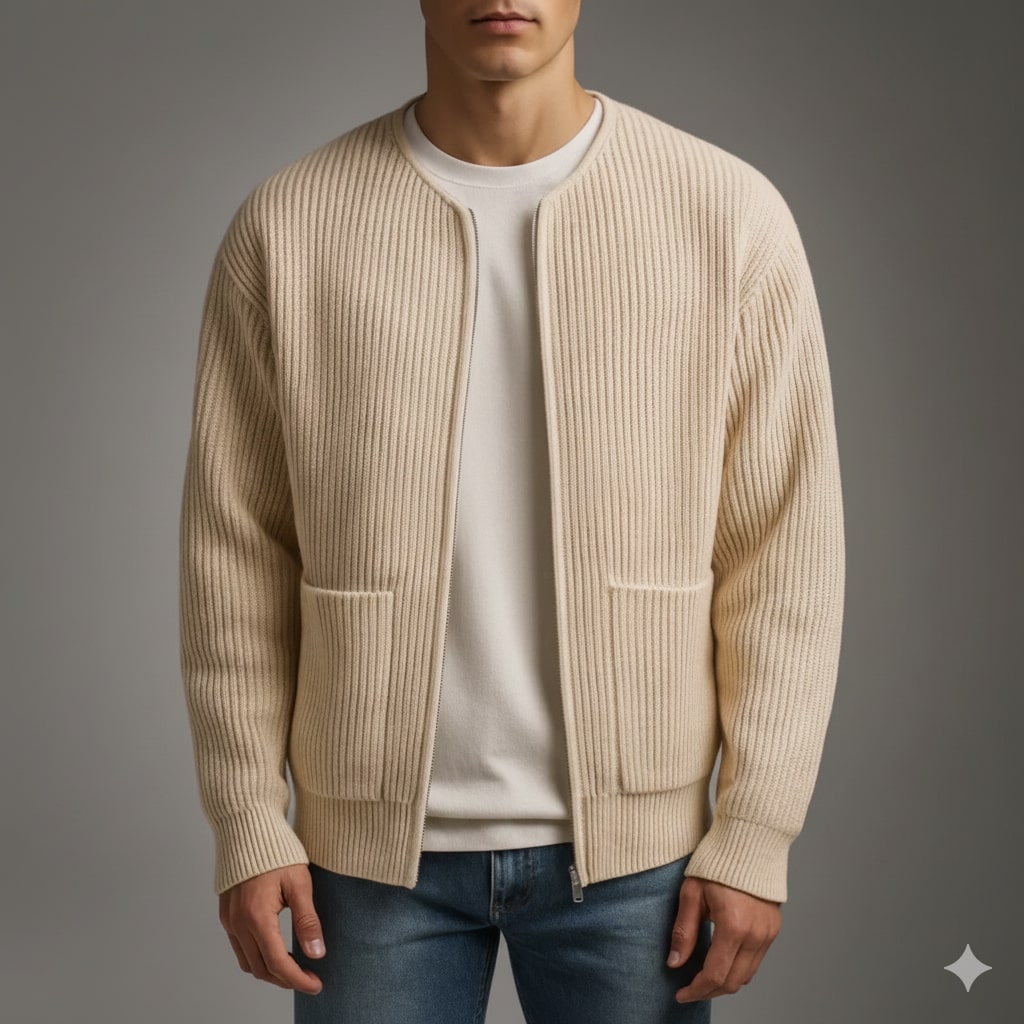 Jayden Men’s Knit Cardigan – Zip Up Sweater with Textured Knit & Patch Pockets