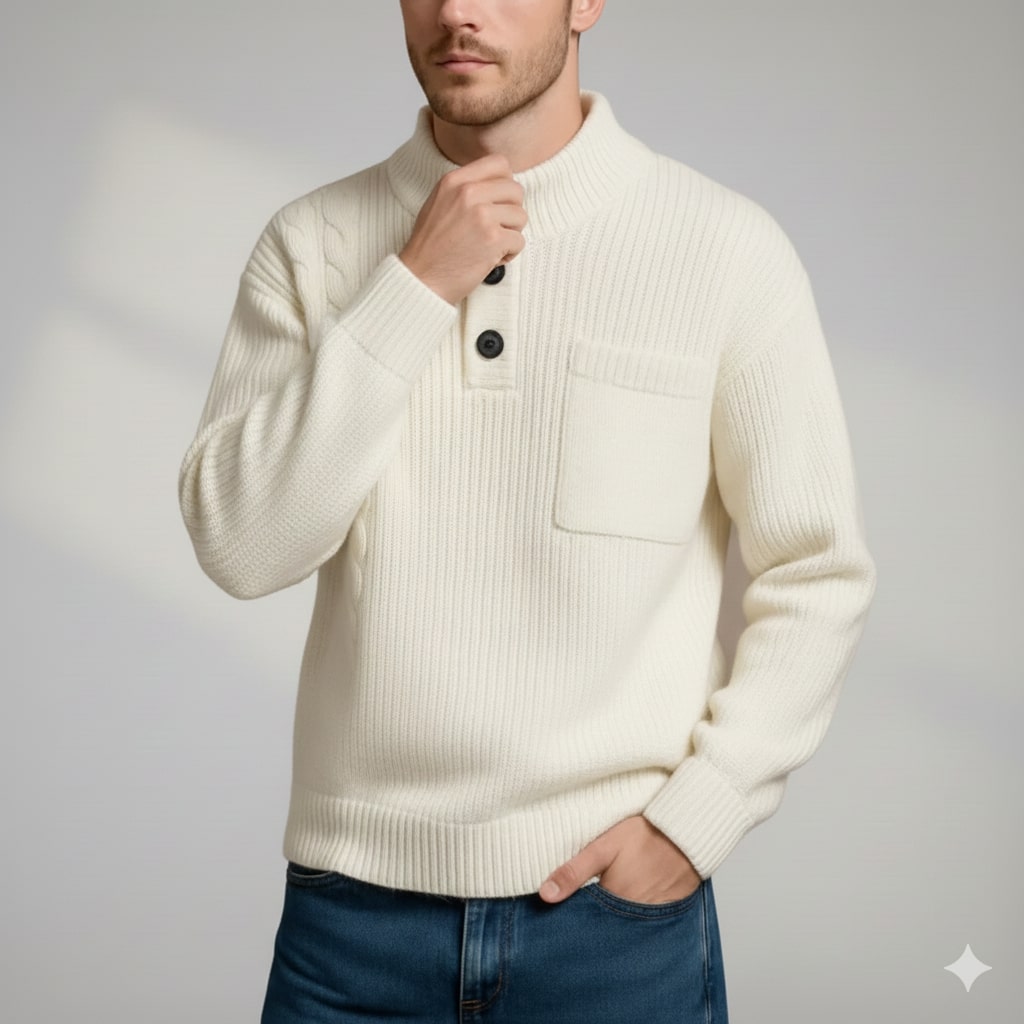Luca Men’s Cable Knit Pullover – Soft O-Neck Sweater with Button Detail