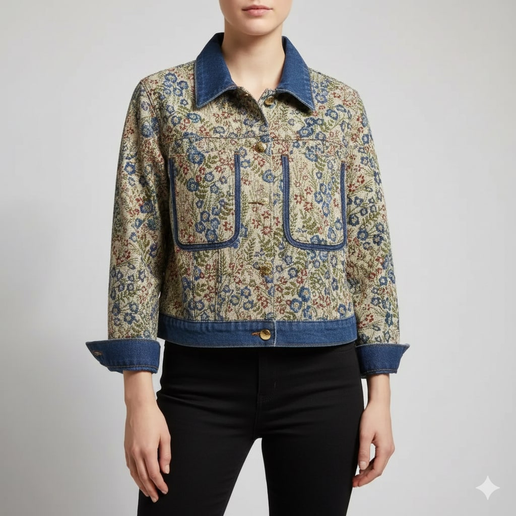 Rose Women’s Jacquard Denim Jacket – Floral Textured Lightweight Cropped Jacket