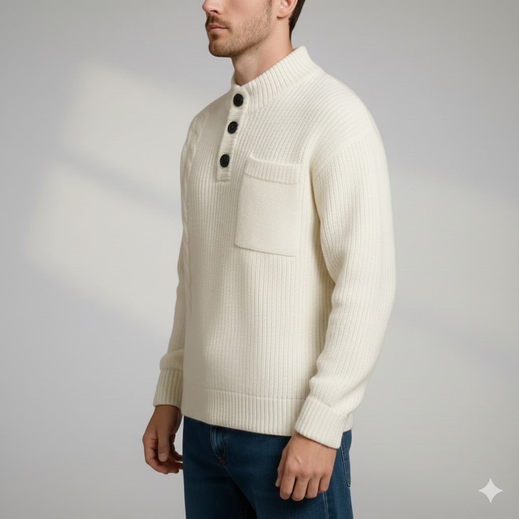 Luca Men’s Cable Knit Pullover – Soft O-Neck Sweater with Button Detail