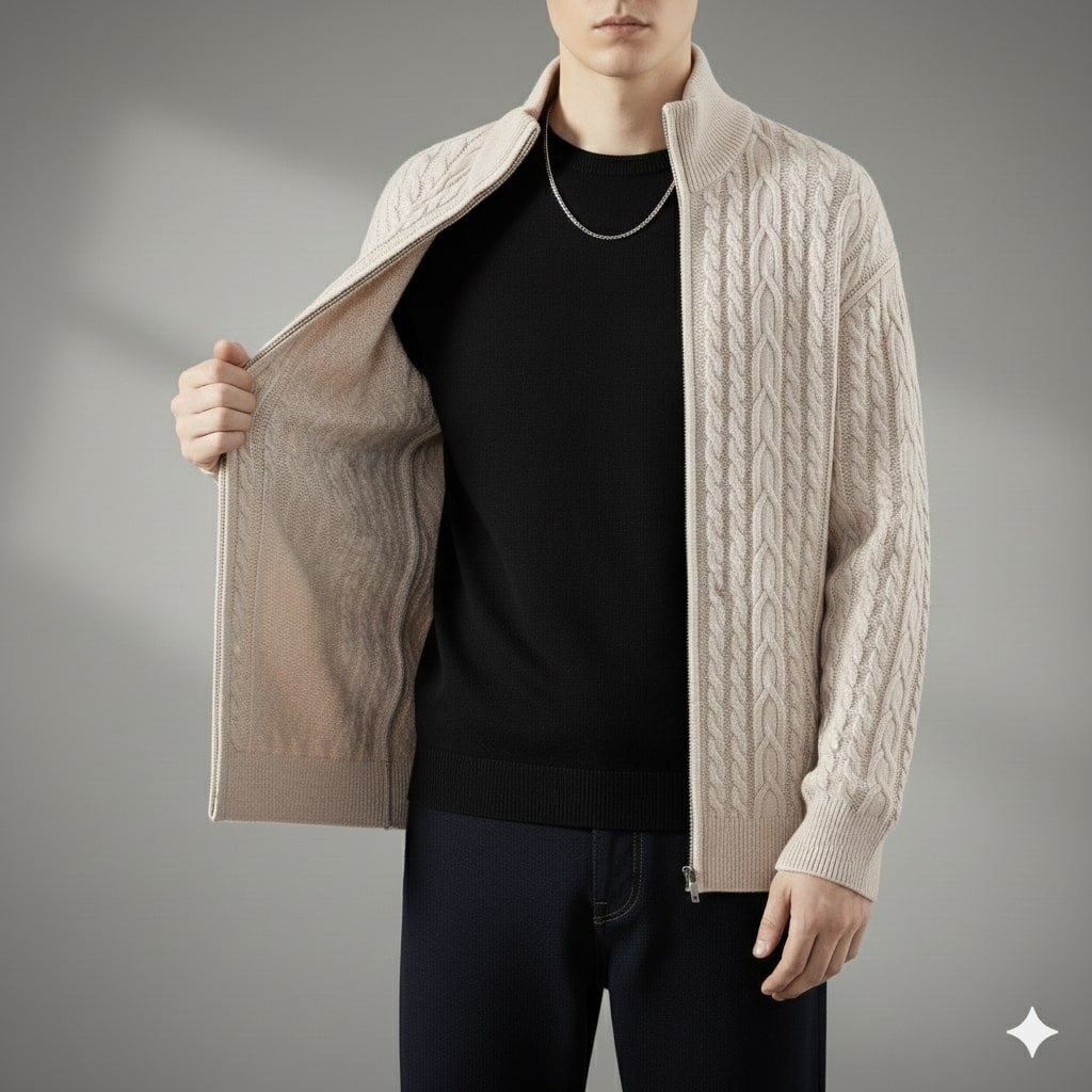 Denis Men’s Zip-Up Cardigan – Soft Wool  Cable Knit Mid-Weight Sweater
