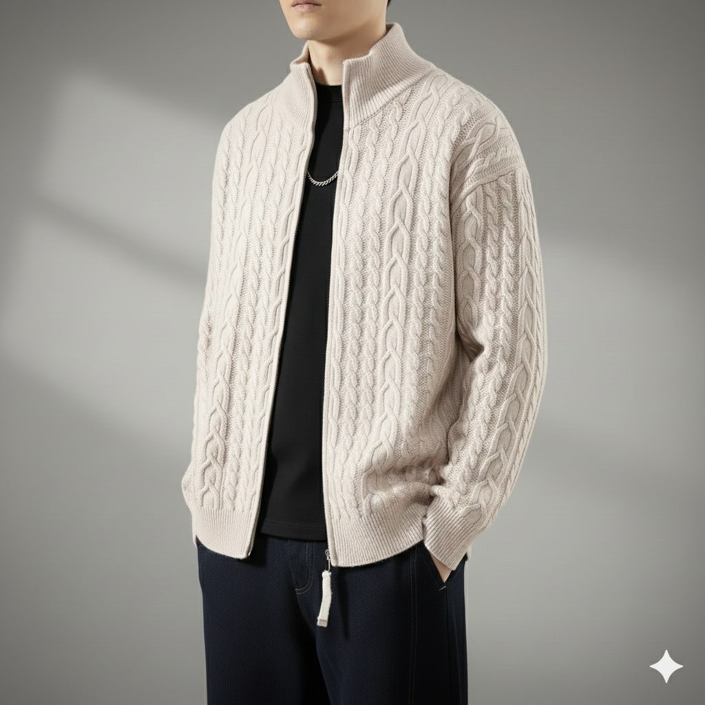 Denis Men’s Zip-Up Cardigan – Soft Wool  Cable Knit Mid-Weight Sweater