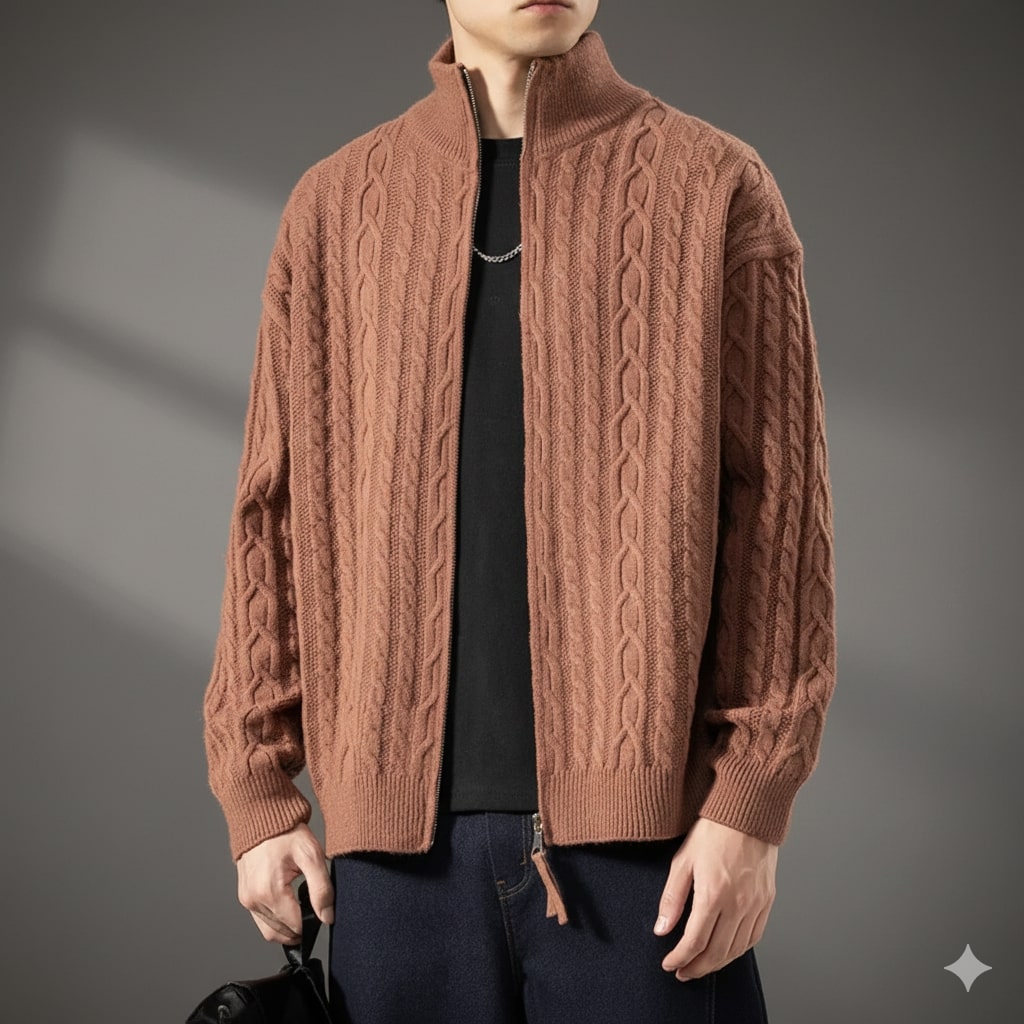 Denis Men’s Zip-Up Cardigan – Soft Wool  Cable Knit Mid-Weight Sweater