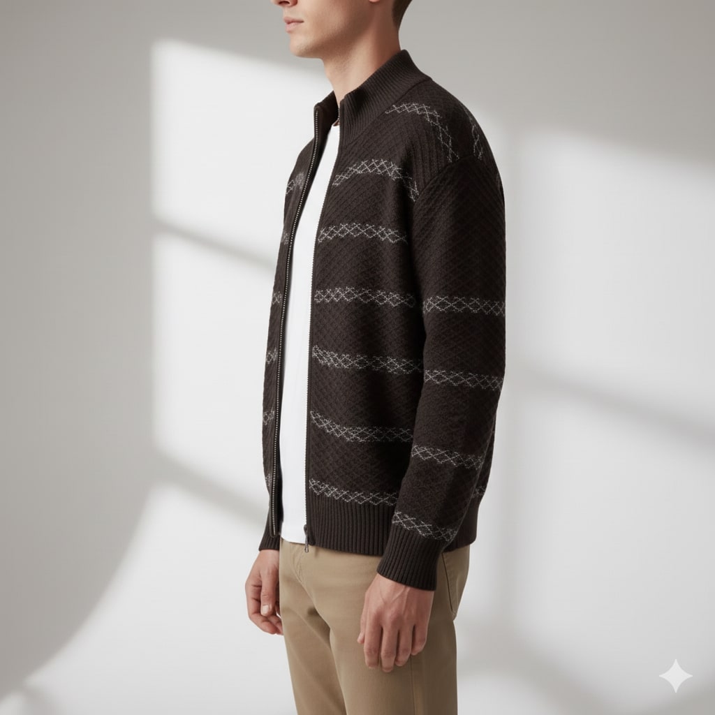 Mateo Men’s Zip-Up Cardigan – Textured Knit Sweater with Structured Stand Collar