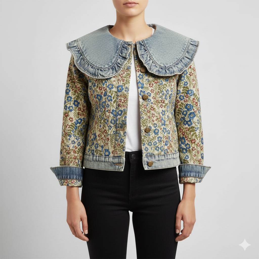 Rose Women’s Jacquard Denim Jacket – Floral Textured Lightweight Cropped Jacket