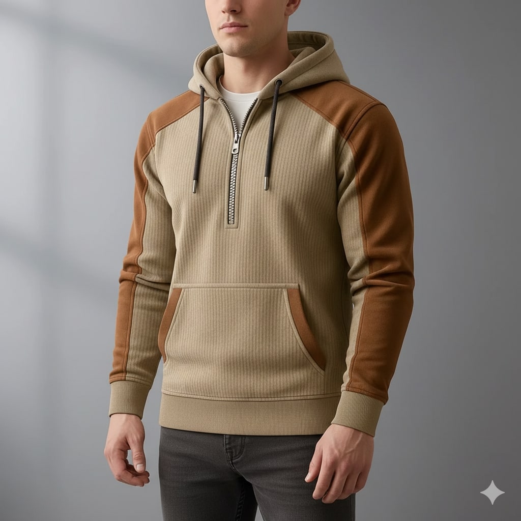 Carlos Men’s Quarter-Zip Hoodie – Corduroy Cotton Blend Sweatshirt with Contrast Panels