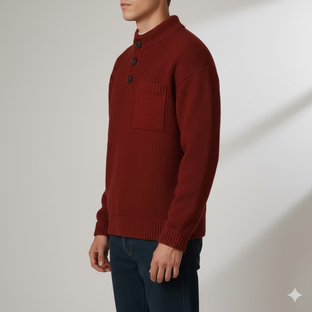 Luca Men’s Cable Knit Pullover – Soft O-Neck Sweater with Button Detail