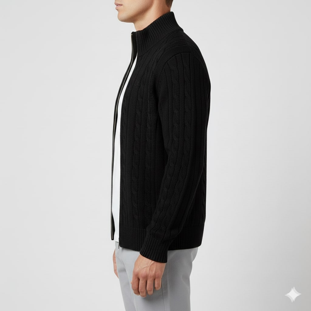 Denis Men’s Zip-Up Cardigan – Soft Wool  Cable Knit Mid-Weight Sweater