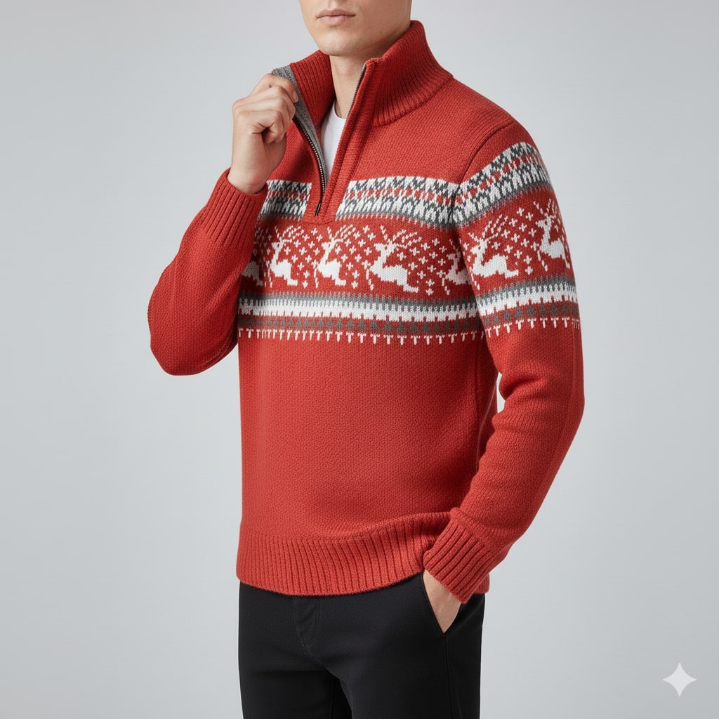 Mehdi Men's Christmas Sweater – Wool Knit Quarter-Zip Pullover